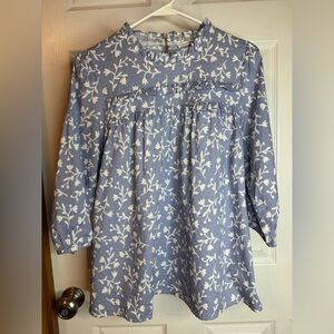 Michelle McDowell Blue and White Leaf Print Blouse Size L